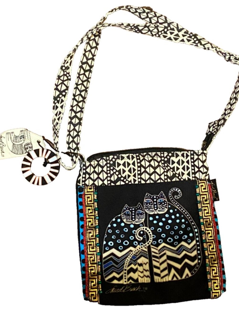Laurel Burch Kitty Cat Print & Beaded Cross Body Women's Black Cat Lovers Purse